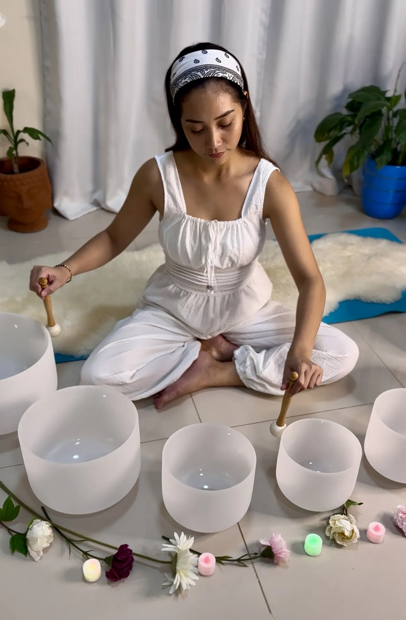 Sound bowl healing session in the home studio