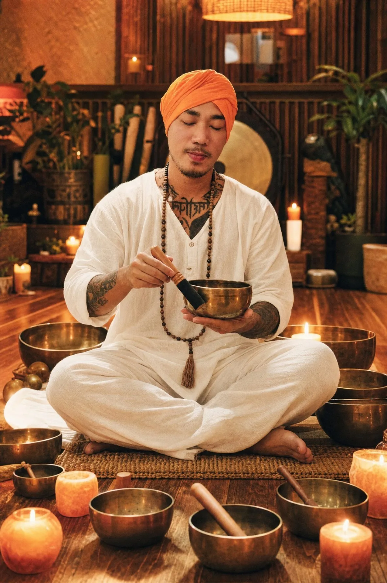 LJ Navera seated with candles and Tibetan singing bowls